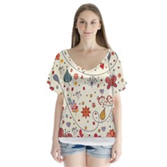Spring Floral Pattern With Butterflies Flutter Sleeve Top