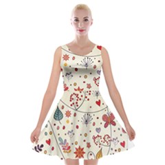 Spring Floral Pattern With Butterflies Velvet Skater Dress