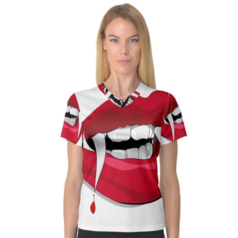 Mouth Jaw Teeth Vampire Blood Women s V-neck Sport Mesh Tee by Simbadda