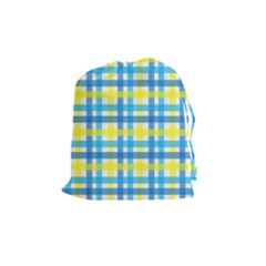 Gingham Plaid Yellow Aqua Blue Drawstring Pouches (medium)  by Simbadda