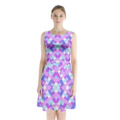 Geometric Gingham Merged Retro Pattern Sleeveless Chiffon Waist Tie Dress by Simbadda