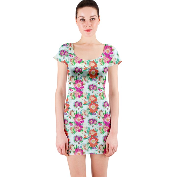 Floral Flower Pattern Seamless Short Sleeve Bodycon Dress