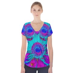 Retro Colorful Decoration Texture Short Sleeve Front Detail Top by Simbadda