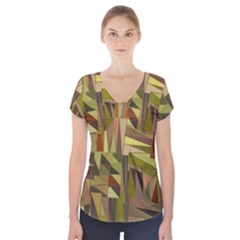 Earth Tones Geometric Shapes Unique Short Sleeve Front Detail Top by Simbadda