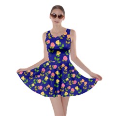 Flowers Roses Floral Flowery Blue Background Skater Dress by Simbadda