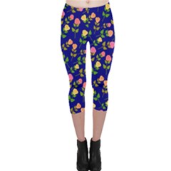 Flowers Roses Floral Flowery Blue Background Capri Leggings  by Simbadda