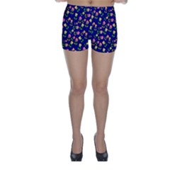 Flowers Roses Floral Flowery Blue Background Skinny Shorts by Simbadda