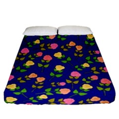 Flowers Roses Floral Flowery Blue Background Fitted Sheet (queen Size) by Simbadda