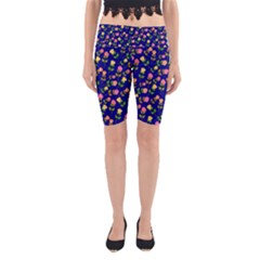 Flowers Roses Floral Flowery Blue Background Yoga Cropped Leggings by Simbadda