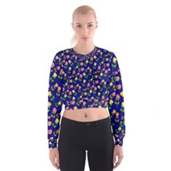 Flowers Roses Floral Flowery Blue Background Women s Cropped Sweatshirt by Simbadda