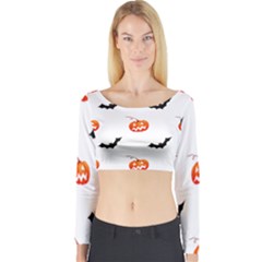 Halloween Seamless Pumpkin Bat Orange Black Sinister Long Sleeve Crop Top