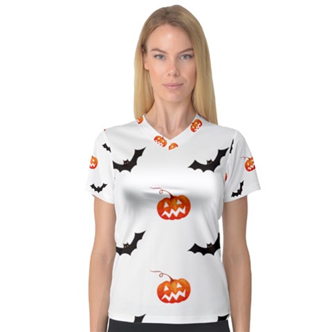 Halloween Seamless Pumpkin Bat Orange Black Sinister Women s V-neck Sport Mesh Tee by Alisyart