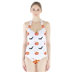 Halloween Seamless Pumpkin Bat Orange Black Sinister Halter Swimsuit by Alisyart