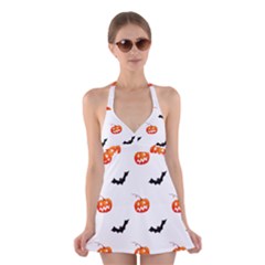 Halloween Seamless Pumpkin Bat Orange Black Sinister Halter Swimsuit Dress by Alisyart