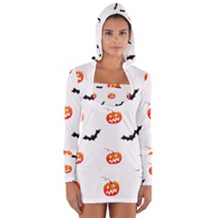 Halloween Seamless Pumpkin Bat Orange Black Sinister Women s Long Sleeve Hooded T-shirt by Alisyart