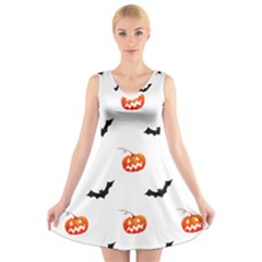 Halloween Seamless Pumpkin Bat Orange Black Sinister V-neck Sleeveless Skater Dress