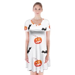Halloween Seamless Pumpkin Bat Orange Black Sinister Short Sleeve V-neck Flare Dress