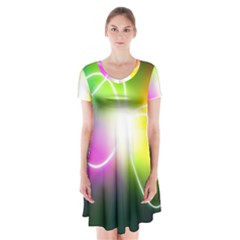 Lines Wavy Ight Color Rainbow Colorful Short Sleeve V-neck Flare Dress