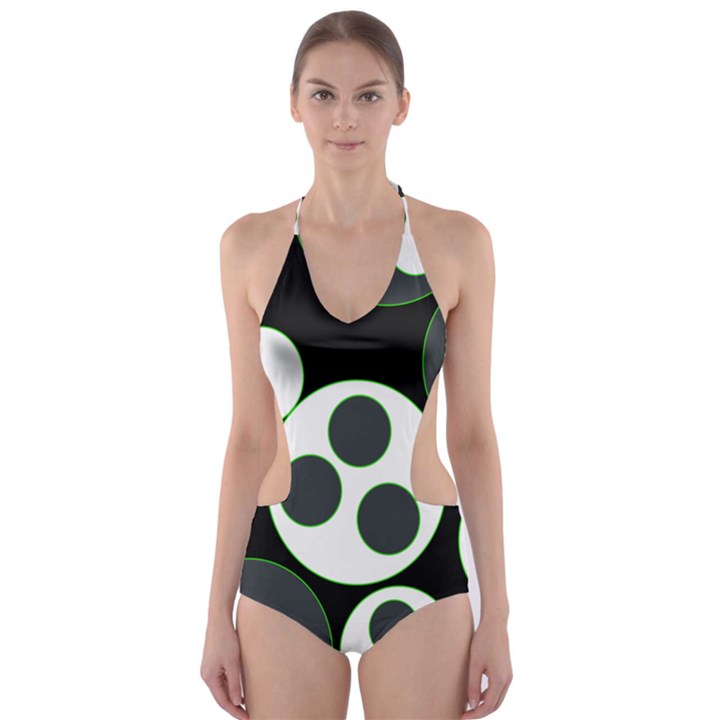 Origami Leaf Sea Dragon Circle Line Green Grey Black Cut-Out One Piece Swimsuit