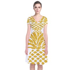 Pineapple Glitter Gold Yellow Fruit Short Sleeve Front Wrap Dress by Alisyart