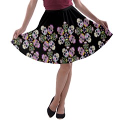 Color020a A-line Skater Skirt Sugar Skulls