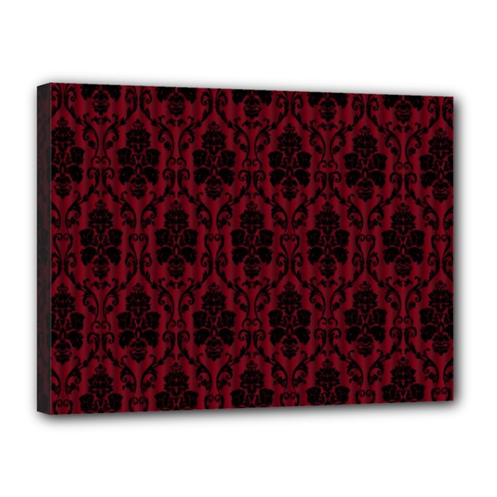 Elegant Black And Red Damask Antique Vintage Victorian Lace Style Canvas 16  x 12 