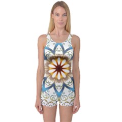 Prismatic Flower Floral Star Gold Green Purple Orange One Piece Boyleg Swimsuit