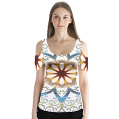 Prismatic Flower Floral Star Gold Green Purple Orange Butterfly Sleeve Cutout Tee 