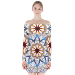 Prismatic Flower Floral Star Gold Green Purple Orange Long Sleeve Off Shoulder Dress