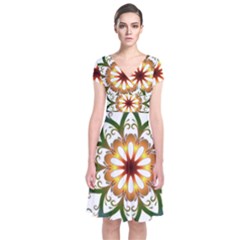 Prismatic Flower Floral Star Gold Green Purple Short Sleeve Front Wrap Dress