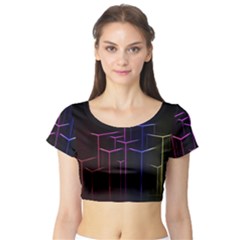 Space Light Lines Shapes Neon Green Purple Pink Short Sleeve Crop Top (tight Fit) by Alisyart