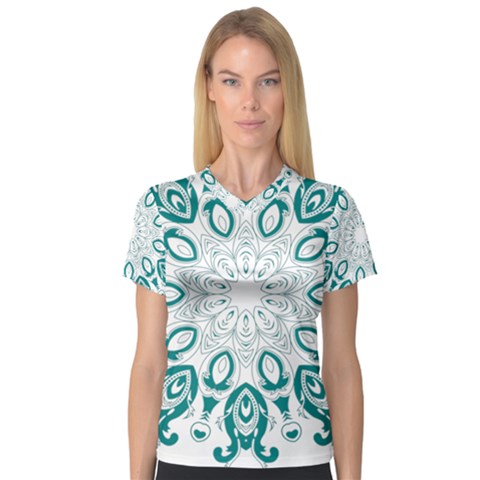 Vintage Floral Star Blue Green Women s V-neck Sport Mesh Tee by Alisyart