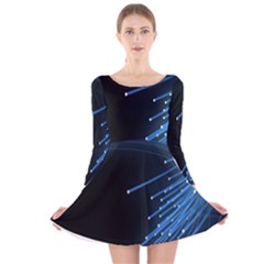 Abstract Light Rays Stripes Lines Black Blue Long Sleeve Velvet Skater Dress