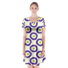 Circle Purple Green White Short Sleeve V-neck Flare Dress