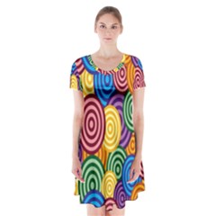 Circles Color Yellow Purple Blu Pink Orange Illusion Short Sleeve V-neck Flare Dress