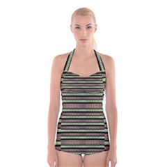 Camo Stripes Print Boyleg Halter Swimsuit  by dflcprintsclothing