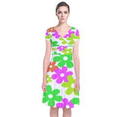 Flowers Floral Sunflower Rainbow Color Pink Orange Green Yellow Short Sleeve Front Wrap Dress