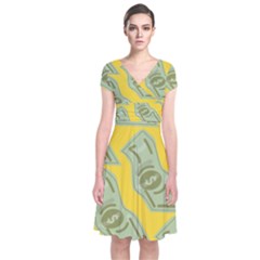 Money Dollar $ Sign Green Yellow Short Sleeve Front Wrap Dress