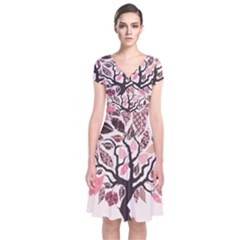 Tree Butterfly Insect Leaf Pink Short Sleeve Front Wrap Dress