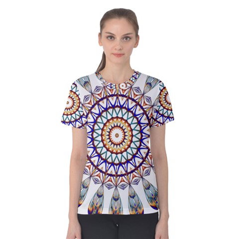 Circle Star Rainbow Color Blue Gold Prismatic Mandala Line Art Women s Cotton Tee by Alisyart