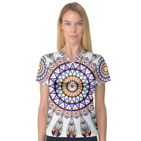 Circle Star Rainbow Color Blue Gold Prismatic Mandala Line Art Women s V-neck Sport Mesh Tee by Alisyart