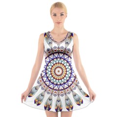 Circle Star Rainbow Color Blue Gold Prismatic Mandala Line Art V-neck Sleeveless Skater Dress