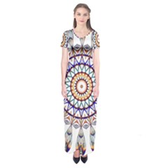 Circle Star Rainbow Color Blue Gold Prismatic Mandala Line Art Short Sleeve Maxi Dress