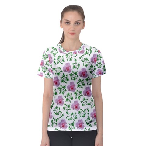 Rose Flower Pink Leaf Green Women s Sport Mesh Tee by Alisyart