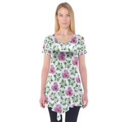 Rose Flower Pink Leaf Green Short Sleeve Tunic 