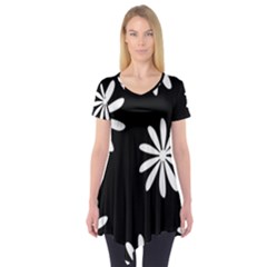 Black White Giant Flower Floral Short Sleeve Tunic 