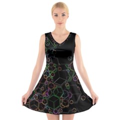 Boxs Black Background Pattern V-Neck Sleeveless Skater Dress