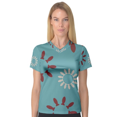 Fish Animals Star Brown Blue White Women s V-neck Sport Mesh Tee by Alisyart