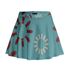 Fish Animals Star Brown Blue White Mini Flare Skirt