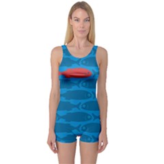 Fish Line Sea Beach Swim Red Blue One Piece Boyleg Swimsuit